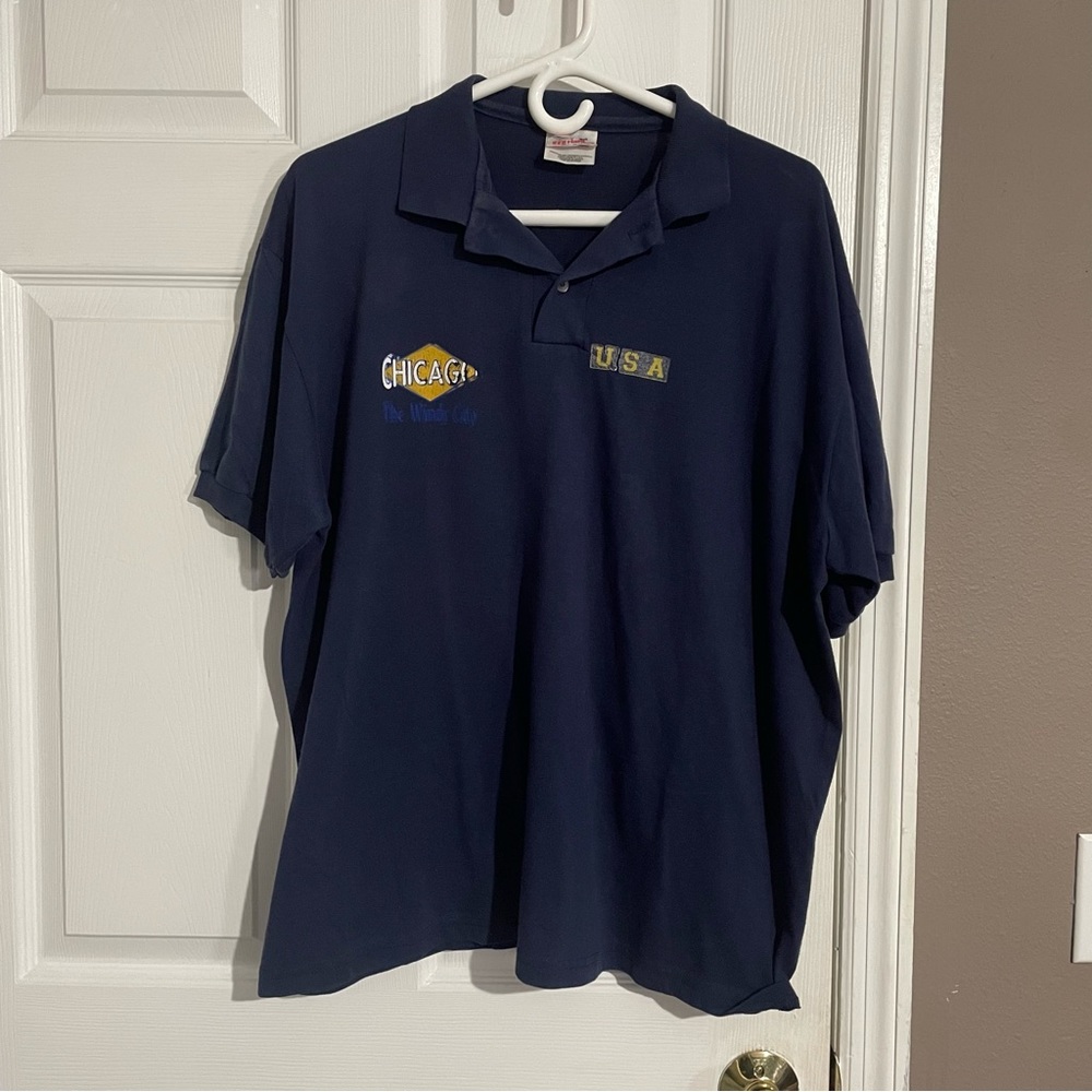 Hanes Mens Large Chicago The Windy City USA Collared T-Shirt Short Sleeve Blue